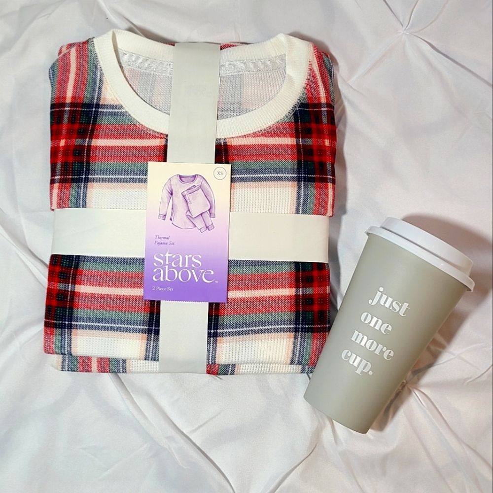 Stars Above 2PC Ribbed Thermal Pajama Set Red White Plaid Womens XS NWT